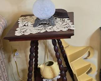 Pitcher, Spindle Table, Vintage Lamp, Shelf