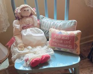 Vintage Chair, Doll, Throw PIllows