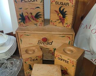 Vtg wooden breadbox, canister set and recipe box