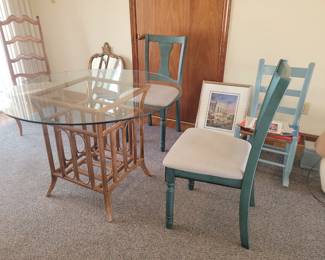 Bamboo glass top table and a pair of blue chairs (sold separately)