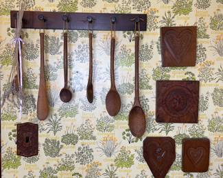 Vtg cookie mold stamp and wooden spoons with rack