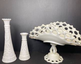 Westmoreland Doric Lace Pedestal milk glass bud vases