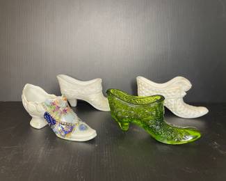 Milk & green glass slippers Fenton style