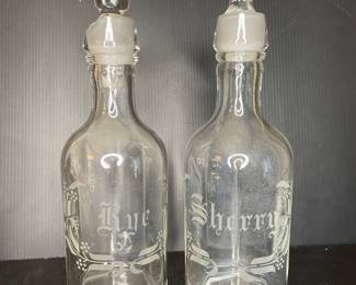 Vintage etched glass Rye & Sherry bottles