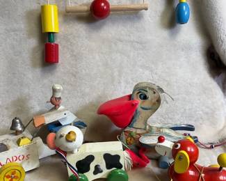Fisher Price And Other Vintage Pull Toys And Crib Mobile Toy