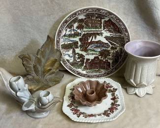 Red Wing Candlestick Holder, Johnson Bros. Plate Vernon Kilns Hawaiian Plate More