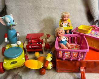 Vintage Remco Sweet April Dolls, Plan Toys Wooden Fire Station, Fisher Price Pull Toy