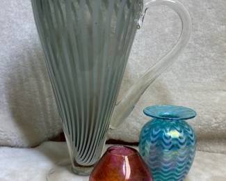 Handblown Glass Blue Iridescent Vase, Red Pinched Glass Ribbon Glass Pitcher