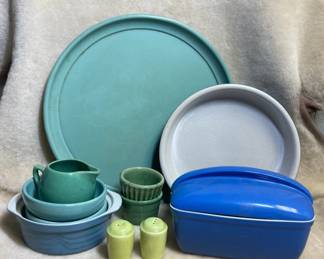 Enameled Cast Iron Bread Baker, McCoy Turquoise Bowls