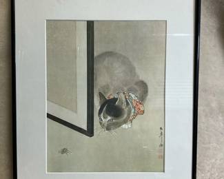 Framed Litho Print of Cat Watching a Spider by Japanese artist Oide Toko