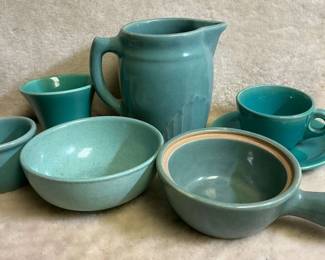 Vintage Monmouth Stoneware Pottery Milk Pitcher Complimentary BlueGreen Dishes