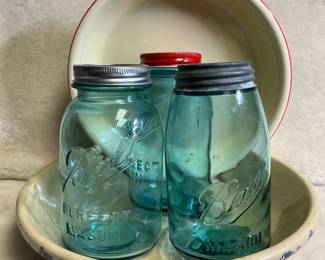 Vintage Ball Jars, 12 Roseville Splatterware Pasta Bowl, Oven Serve Platter