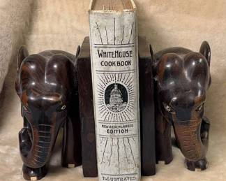 Hardwood Elephant Bookends Antique White House Cookbook