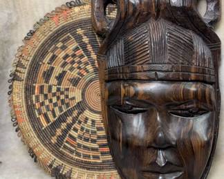African Tribal Art Mask Woven Grass Tray