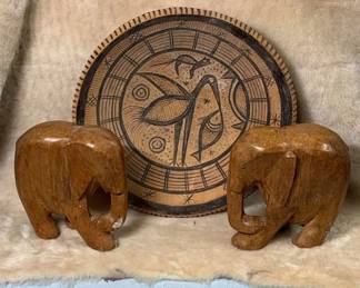 African Woven Plate Carved Wood Elephants