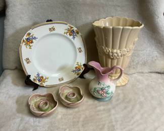 West Coast Pottery Candlestick Holders, English John Haddock Plate, Hull Pitcher