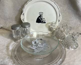Antique Harker Pottery Plate, American Pattern Glass Candlesticks, Cake Plate More