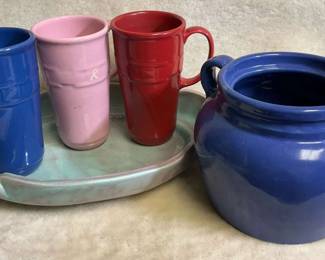 Longaberger Mugs, West Coast Pottery Platter A Delph Blue Bauer Bean Pot