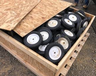 LARGE CRATE OF GARDEN YARD TIRES WHEELS
