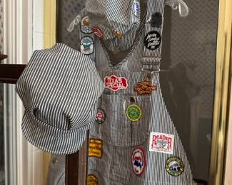 Railroad overalls and cap, with multiple vintage patches