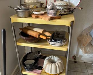 Metal cart and vintage enamel ware including Villeroy and Boch 