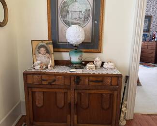 Oak cabinet, antique lamp