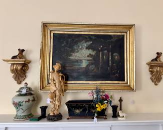 Vintage oil paintings, gilt sconces, beaded flowers, staffordshire...