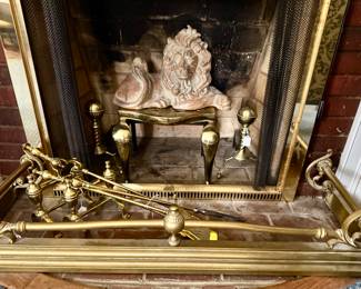 Rare brass fireplace tools, bench, surrounds, grates, gates,Virginia Metal Crafters  andirons ....