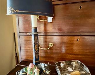 tole lamp, silverplate ink well...