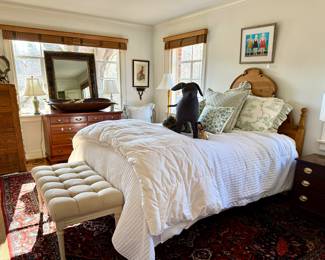 Pine Queen Bed - new and like new bedding, tufted ottoman, custom pillows and rare old flat files and old pine filing cabinets. 