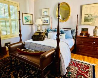 Leather bench, Persian rugs, original Ralph Higgins watercolors, new bedding....