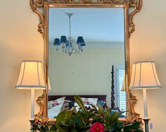 DIVINE gilt mirror, silver candlestick lamps, Blue and white footbath, silver trays....