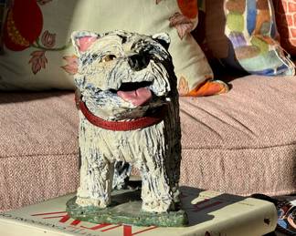 Hand made pottery dog with adjustable tail for his mood! SOOO cute!