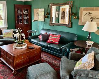 LEather sofa, large wooden coofeetable, STUNNING rug, 2 mathcing club chairs with ottomans, 4 Hands tables, Jonathan Adler lamps, floor lamps, Craftique Corner Cabinet, hand painted large mirror...