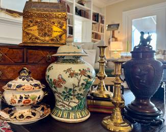 Tureens, Insence burners, brass candlesticks, copper tea caddy, treasure boxes...