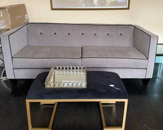 Corduroy sofa & ComfortSense black velvet foot bench