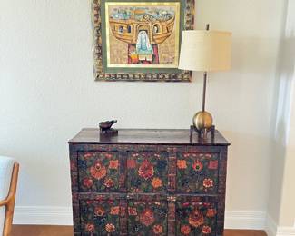 Antique Tibetan Painted Wood Cabinet, original artwork by Israeli artist, Gregory Kohelet