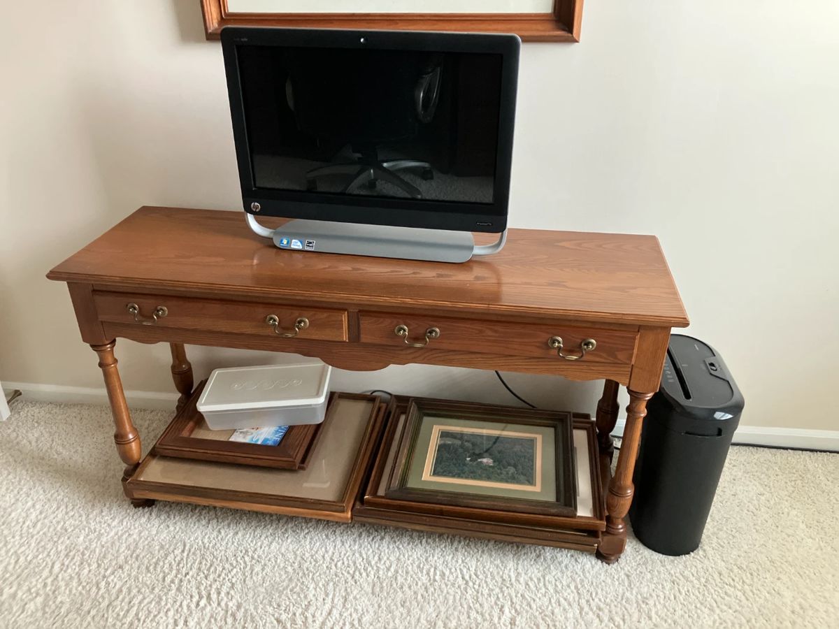 Oak sofa table/hall table w 2 drawers, Office Max paper shredder