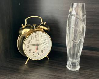 Equity Alarm clock, Steuben Crystal vase