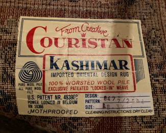 Label on Couristan wool pile rug