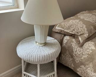 Small white wicker table, white lamp