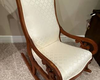 Antique rocker w new white upholstery