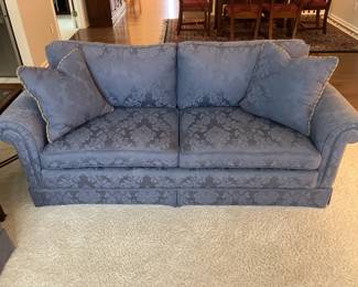 Sofa w dusty blue damask upholstery in immaculate condition