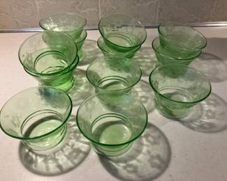Set of 12 green depression glass dessert dishes