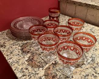 Ruby thumbprint depression glass plates and sherbets