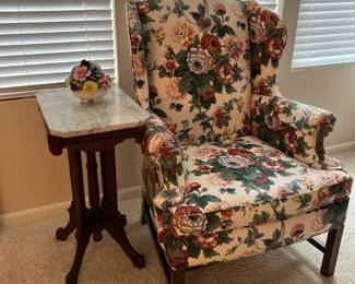 Antique marble top Eastlake table, Hickory and White wingback chair w floral upholstery