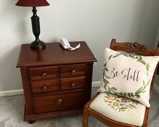 Broyhill Nightstand w 2 drawers, antique chair w needlepoint seat