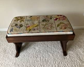 Antique bench w embroidered seat