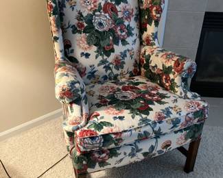 One of 2 wingback chairs w floral upholstery, Hickory and White