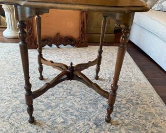 Blue and cream rug, Accent table